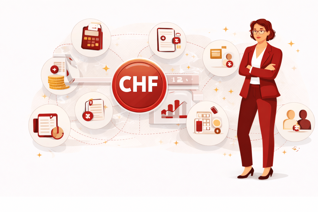 Illustration einer Finanzexpertin mit Symbolen für Buchhaltung, Reporting, Zahlungen und Unternehmensfinanzen rund um einen CHF-Kreis.